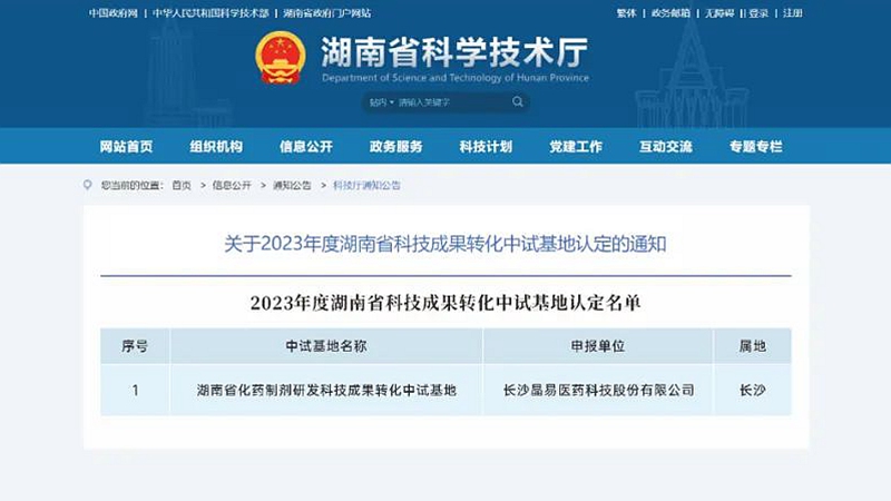 晶易醫(yī)藥獲“湖南省科技成果轉(zhuǎn)化中試基地”認(rèn)定！